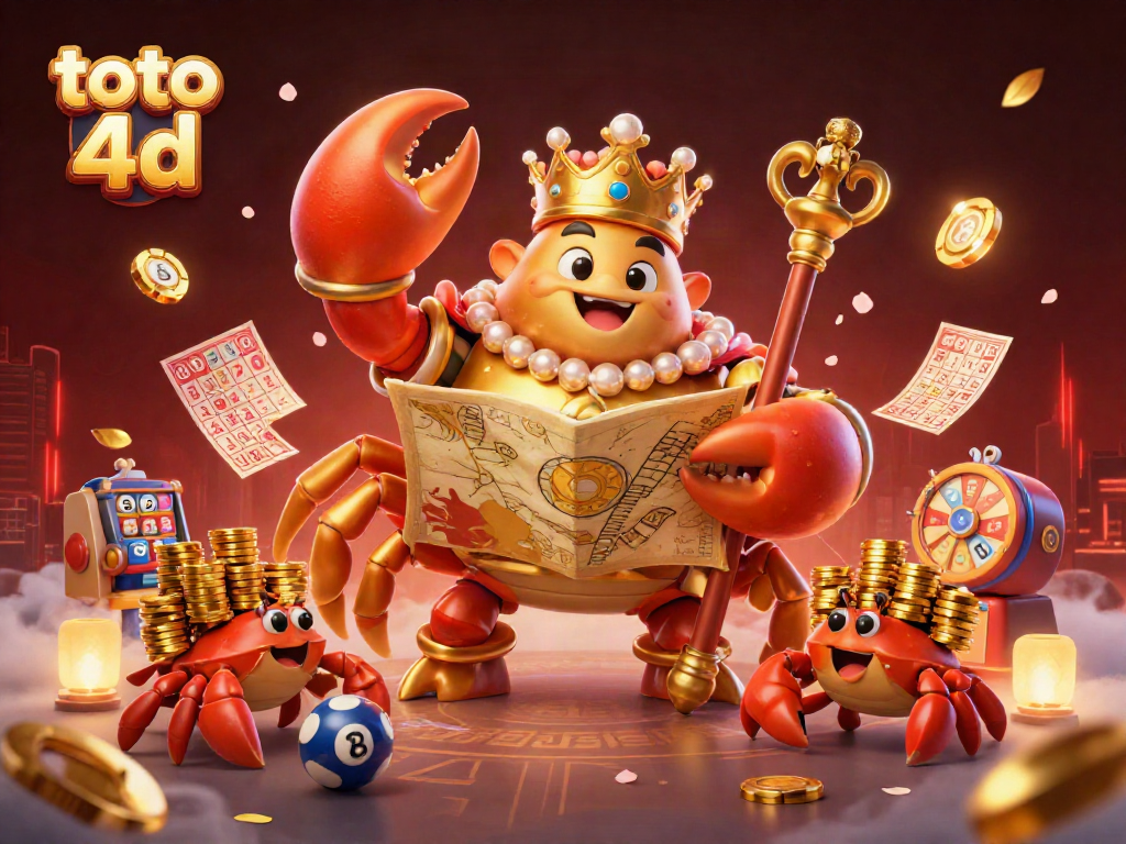 Play toto 4d with a vibrant 3D illustration featuring a golden crab emperor and lottery elements.