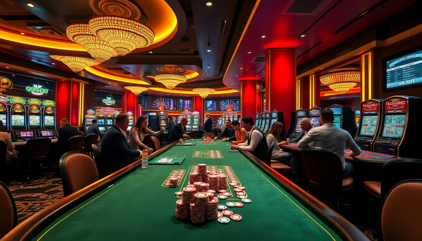 Players enjoying a thrilling game at 789P casino, surrounded by vibrant lights and luxurious tables.