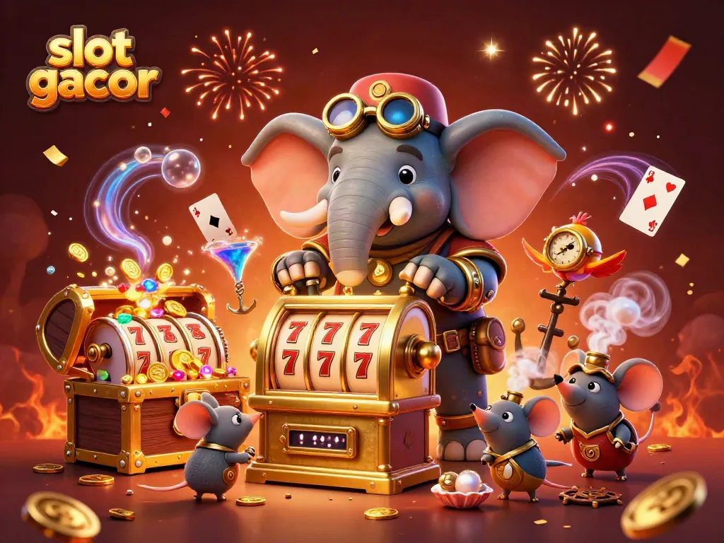 Slot gacor yang menampilkan karakter gajah steampunk dengan mesin slot emas dan efek gemerlap yang menarik.