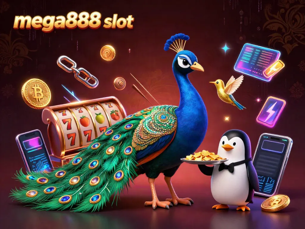 Experience the excitement of mega888 slot with this vibrant 3D illustration showcasing colorful characters and casino elements.