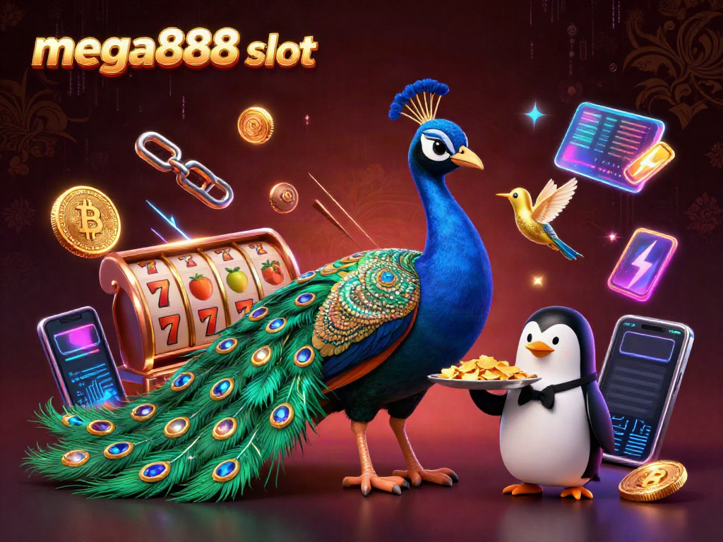Experience the excitement of mega888 slot with this vibrant 3D illustration showcasing colorful characters and casino elements.