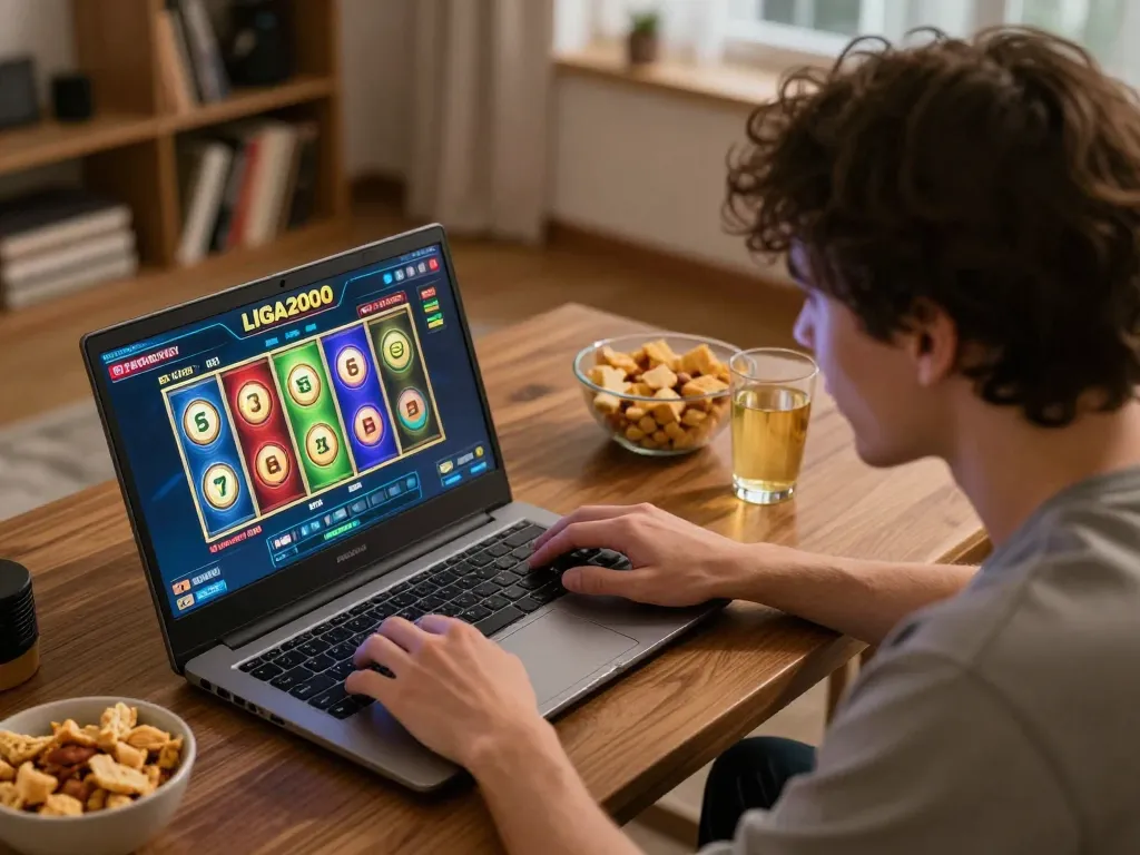 LIGA2000 online slot game experience showing vibrant reels and a player engaged in strategic gameplay.