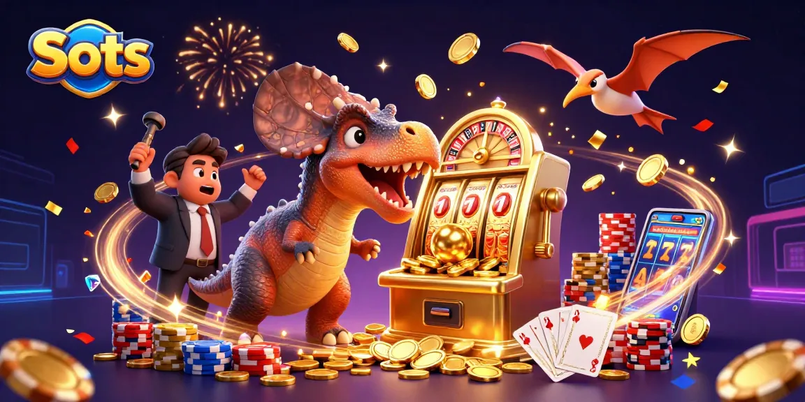 Slots jackpot scene with animated dinosaurs celebrating coin wins and lucky outcomes.