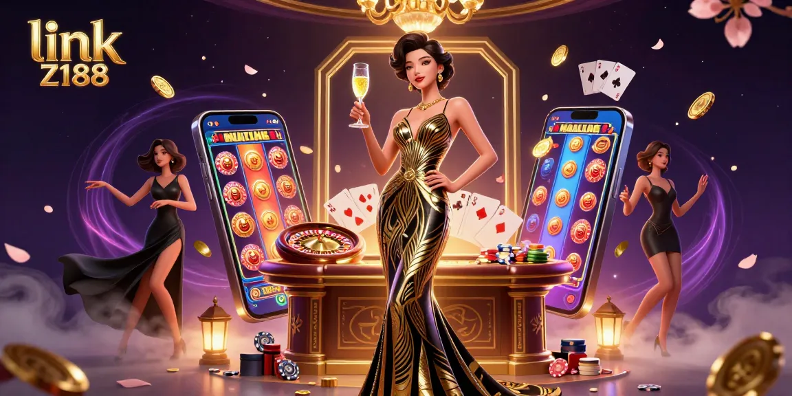 Experience excitement at link Z188 with a captivating illustration of a glamorous casino scene featuring an elegant Asian woman and thrilling game elements.
