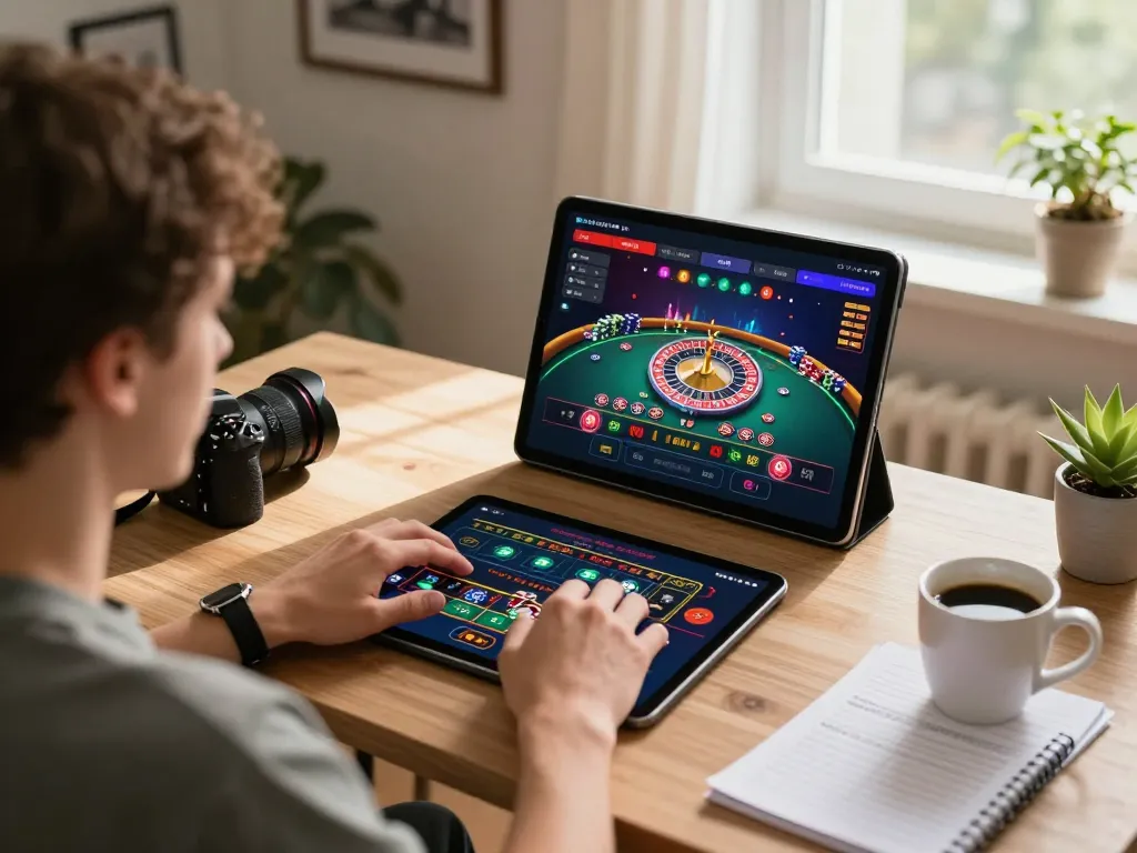 Playing live roulette on https://ph365.cx/ with a tablet in a cozy home office setting, capturing excitement and interaction.