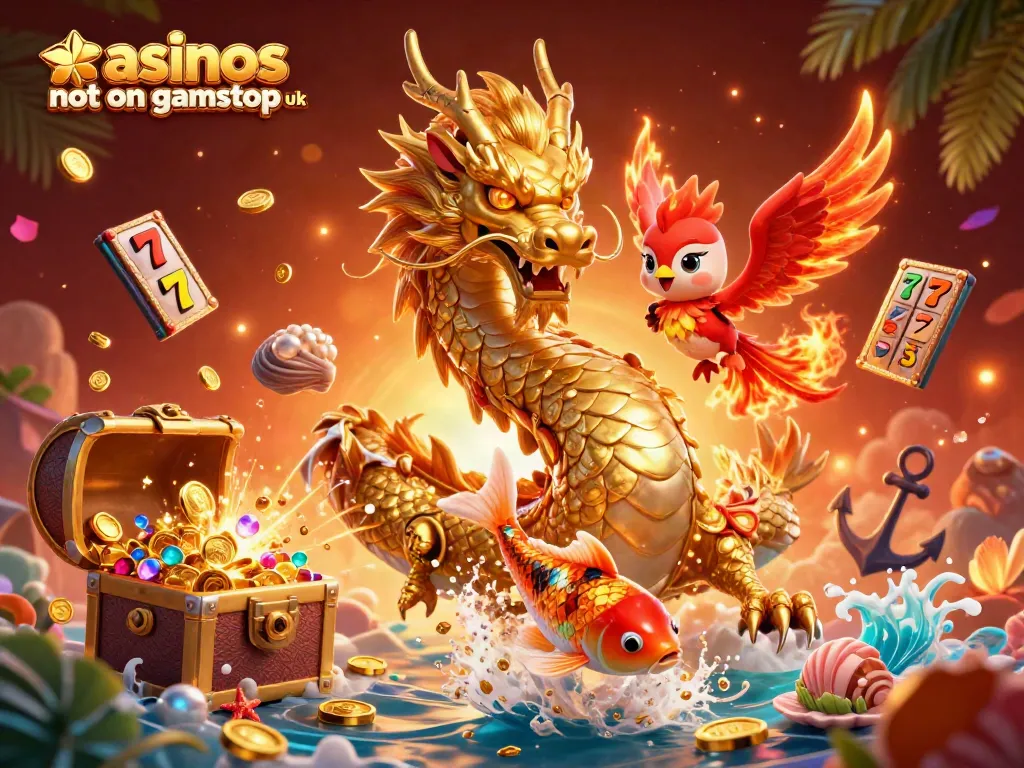 Spin the reels at casinos not on gamstop uk with vibrant 3D illustration of a dragon and phoenix.