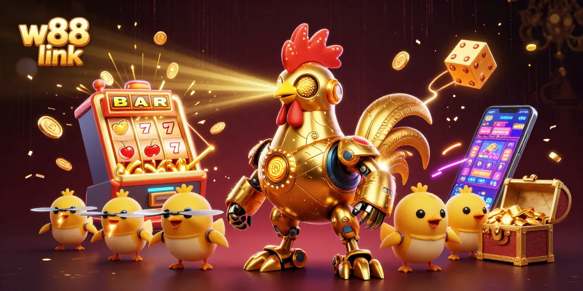 Experience thrilling gaming action with the w88 link, featuring a vibrant 3D illustration of a futuristic casino scene.