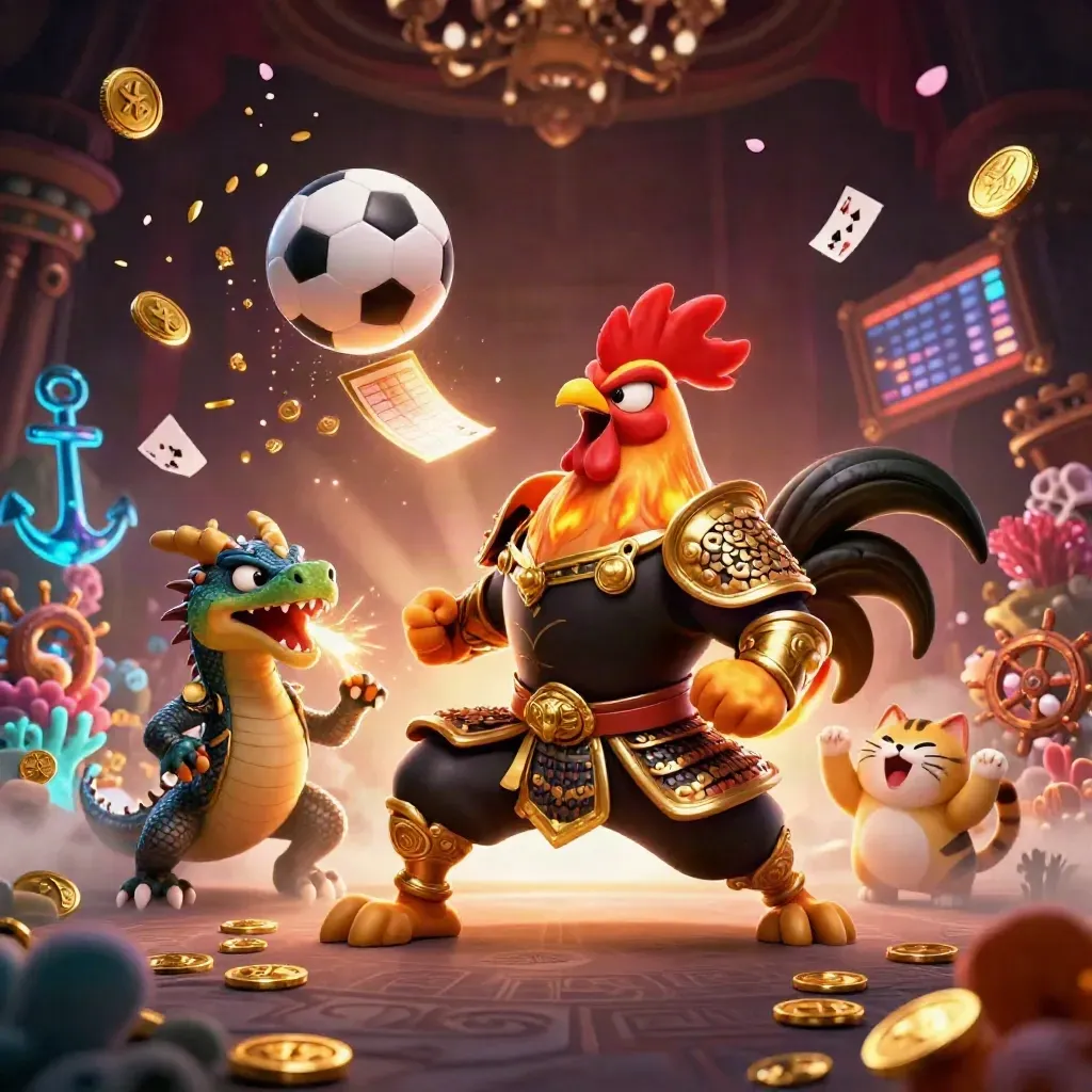 Fantasy rooster warrior, dragon hatchling and fortune cat amid casino treasure and sports props.