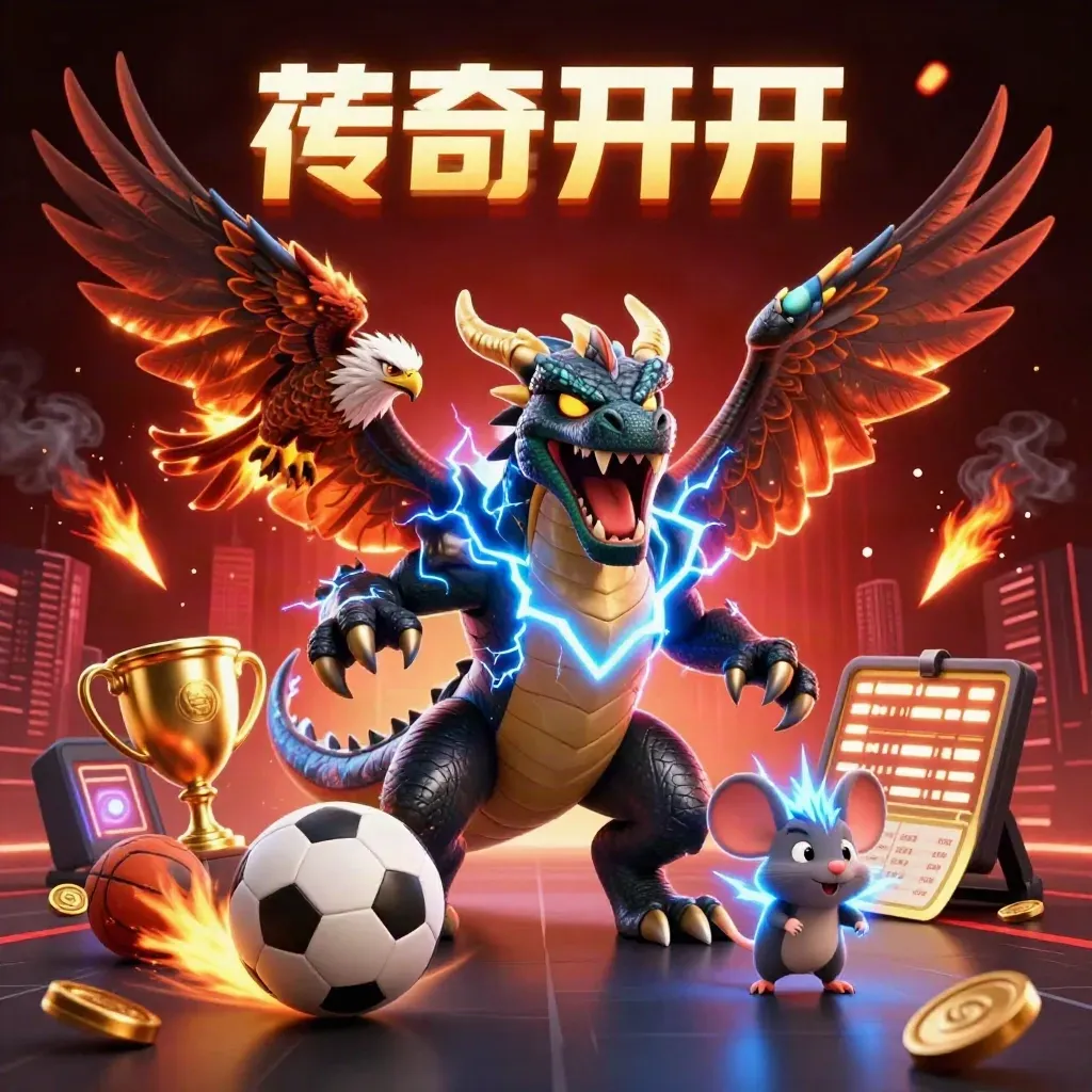 Thunder dragon, wind hawk and static mouse amid flying sports balls, coins, and a glowing trophy