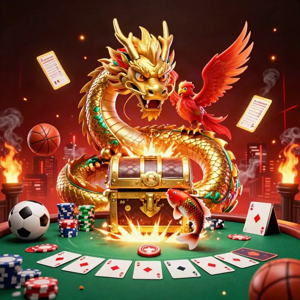 Golden dragon with phoenix and koi amid poker chips, cards, and casino neon