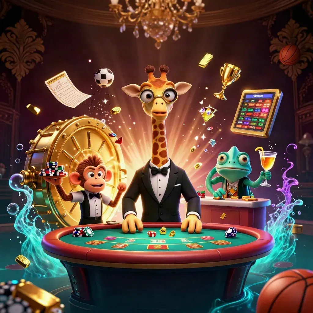 Giraffe, monkey, and chameleon in a lavish vault burst with gold, gems, and neon casino light.