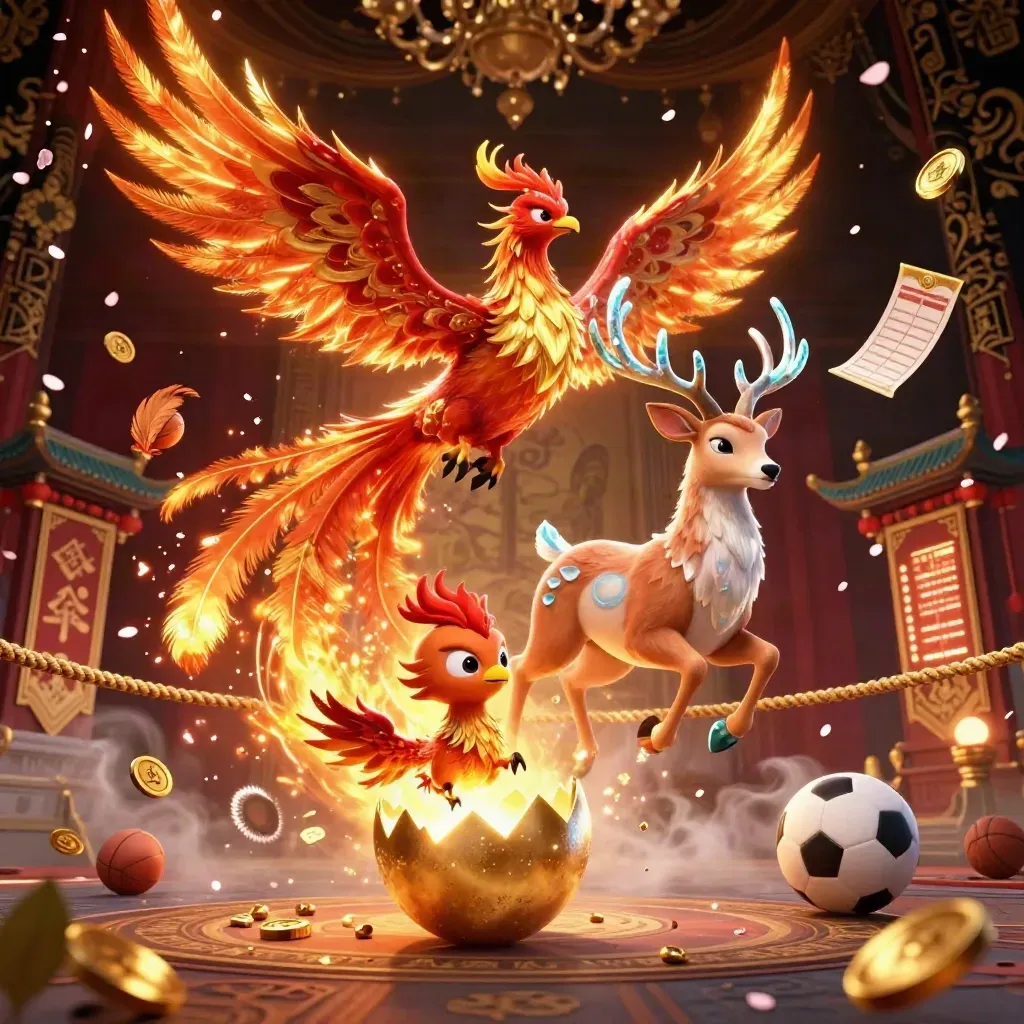 Phoenix, hatchling, and crystal stag amid casino luxe effects and coins