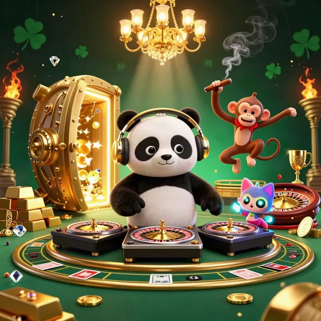 Panda DJ, dancing monkey, and glow-stick kitten in a neon casino vault scene.