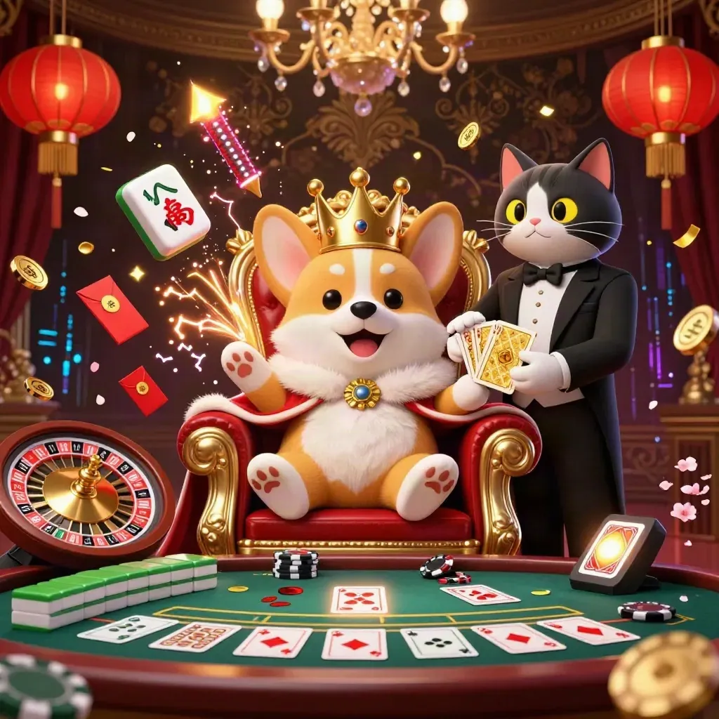 Royal corgi and cat butler in a luxe casino scene with neon treasures and roulette energy