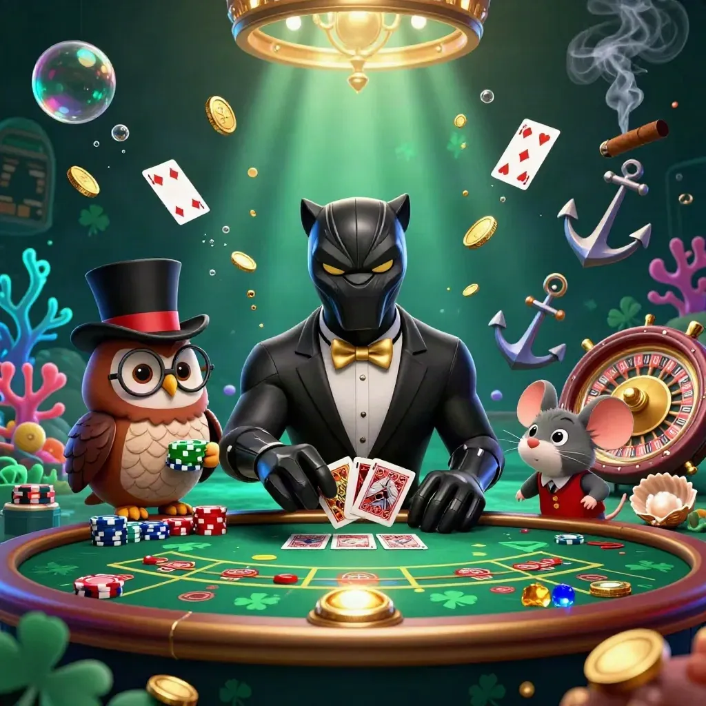 Black panther, owl, and mouse in a luxe underwater roulette casino with glowing coins and coral.