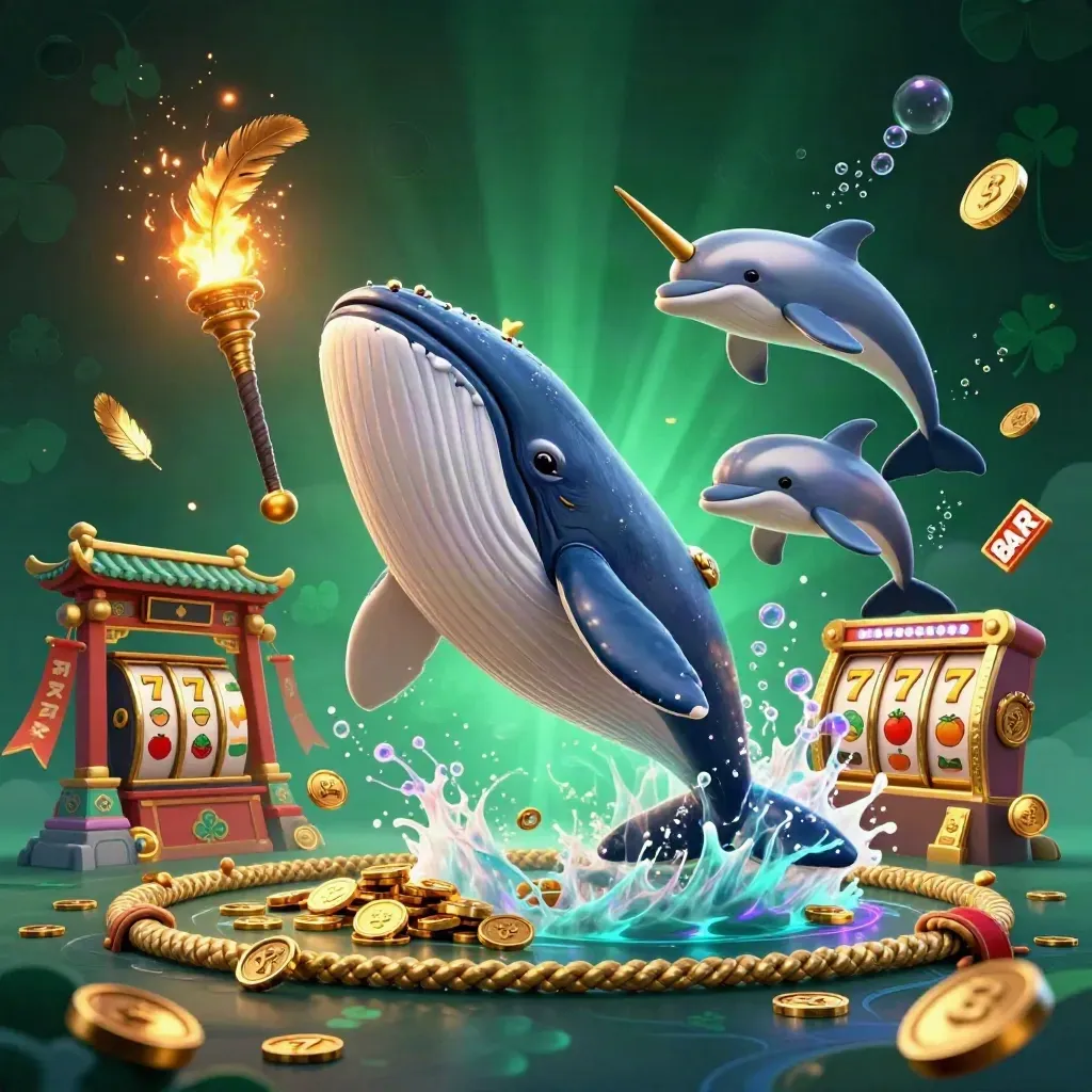 Giant whale captain, narwhal and dolphins burst through coins in a neon casino sea.