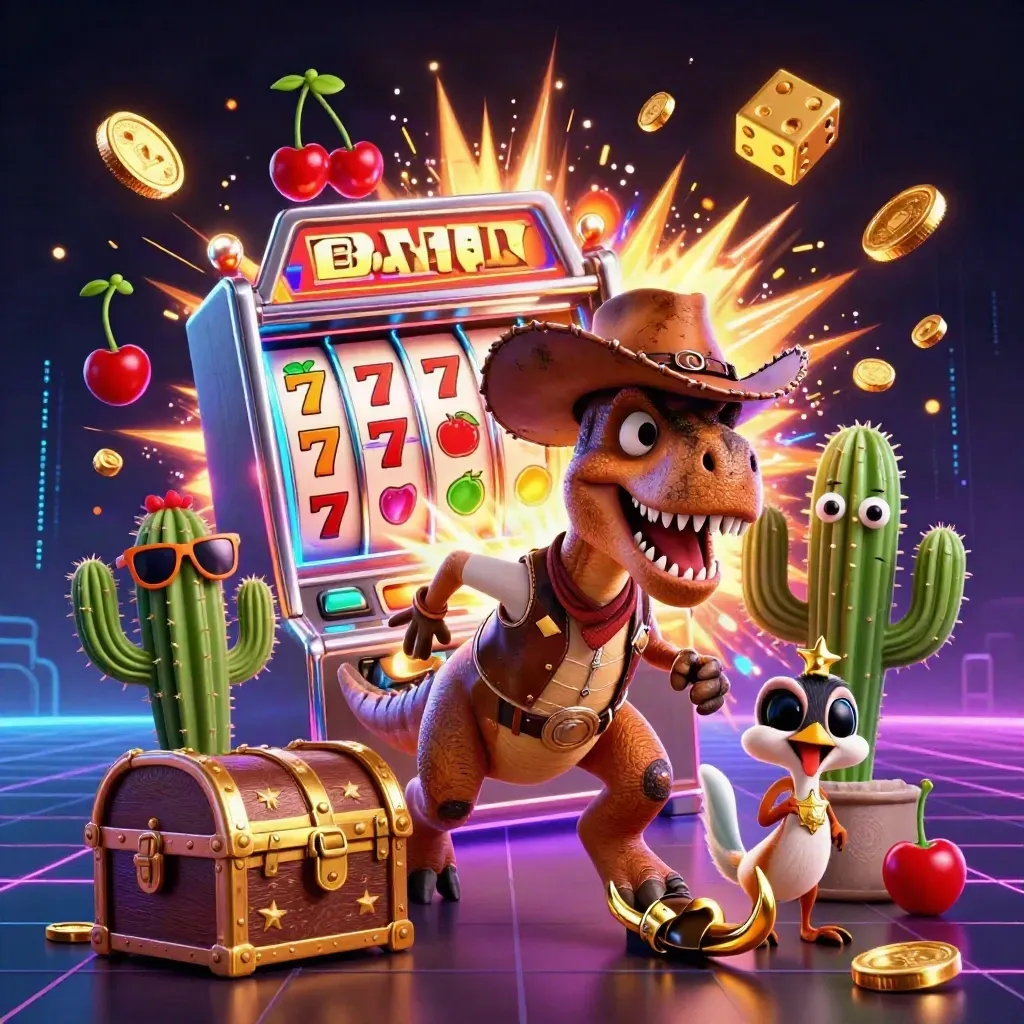 Cowboy T-Rex, cactus sidekick, and sheriff roadrunner amid a bursting slot machine and gold.