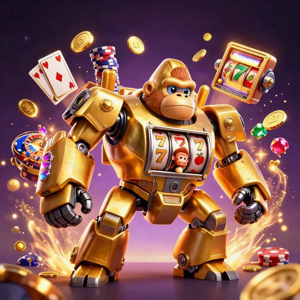 Golden gorilla mech with monkey pilot, roulette wheel, coins, chips, cards, and neon casino glow