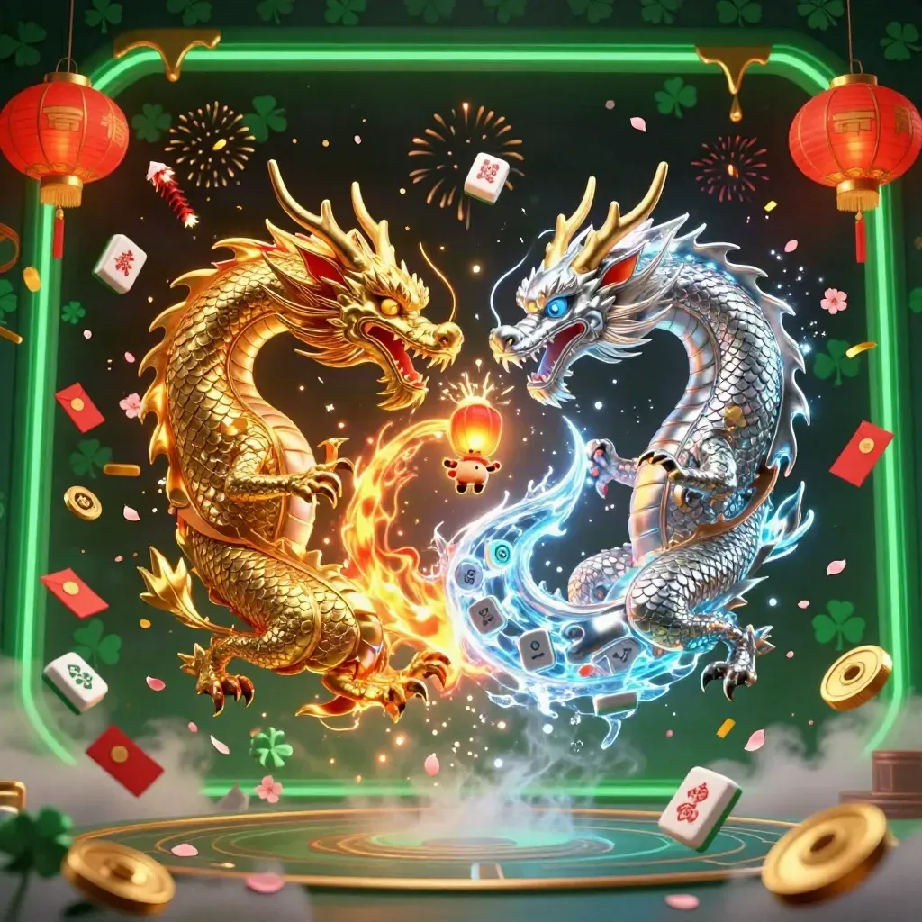 Gold and silver dragons whirl with fire and ice amid casino charms in emerald light.