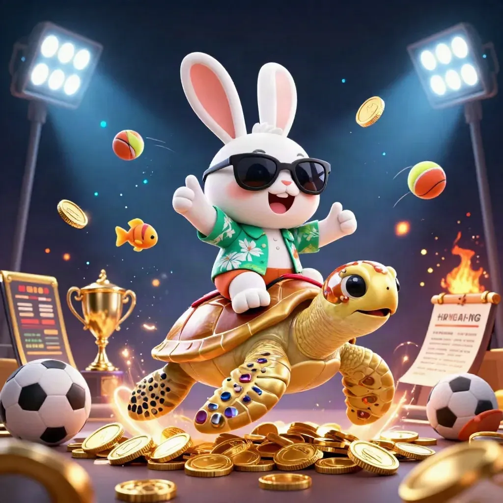 Lucky rabbit on a golden sea turtle with coins, sports balls, trophy, and fireworks in neon casino style
