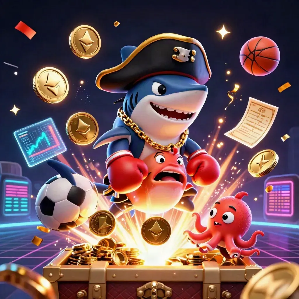 Shark pirate, boxing pufferfish, and juggling octopus amid coins, crypto, fireworks, and neon casino treasure