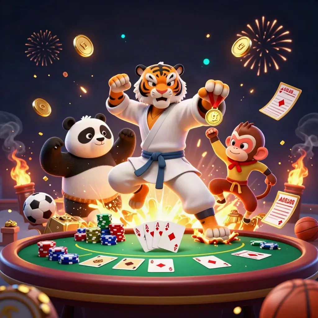 Tiger, panda, and monkey celebrate amid casino chips, coins, and fireworks.