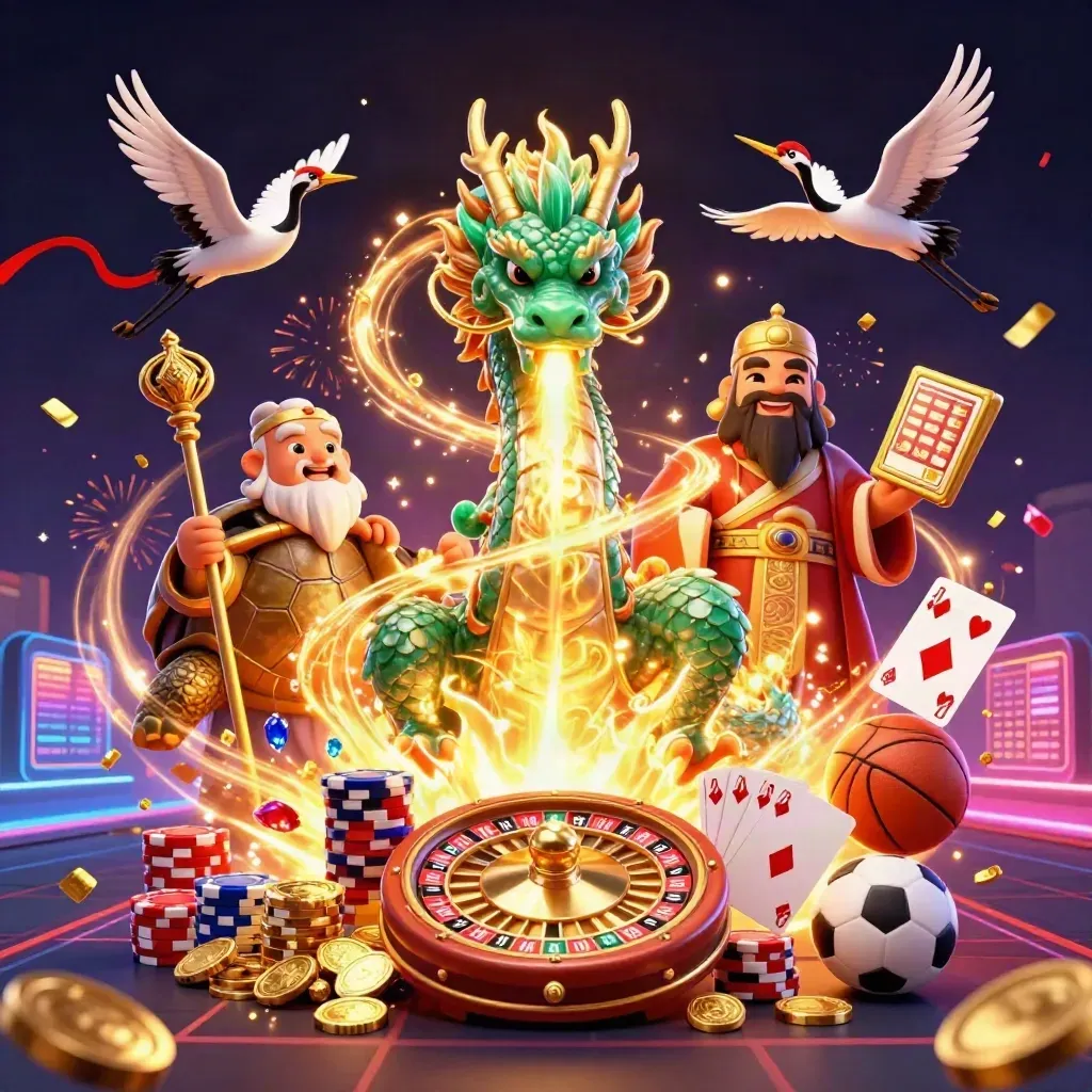 Emerald dragon, turtle sage, and cranes burst coins, roulette, gems, and fireworks.