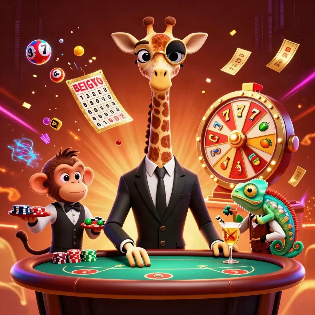 Giraffe, monkey, and chameleon in a glowing casino scene with roulette chaos