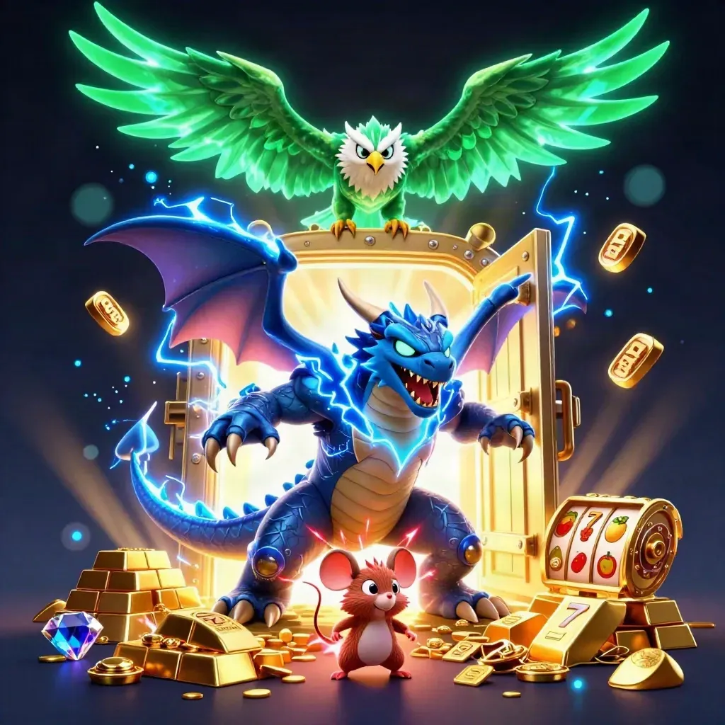 Thunder dragon, glowing hawk, and crackling mouse bursting from a gold vault with casino treasures.