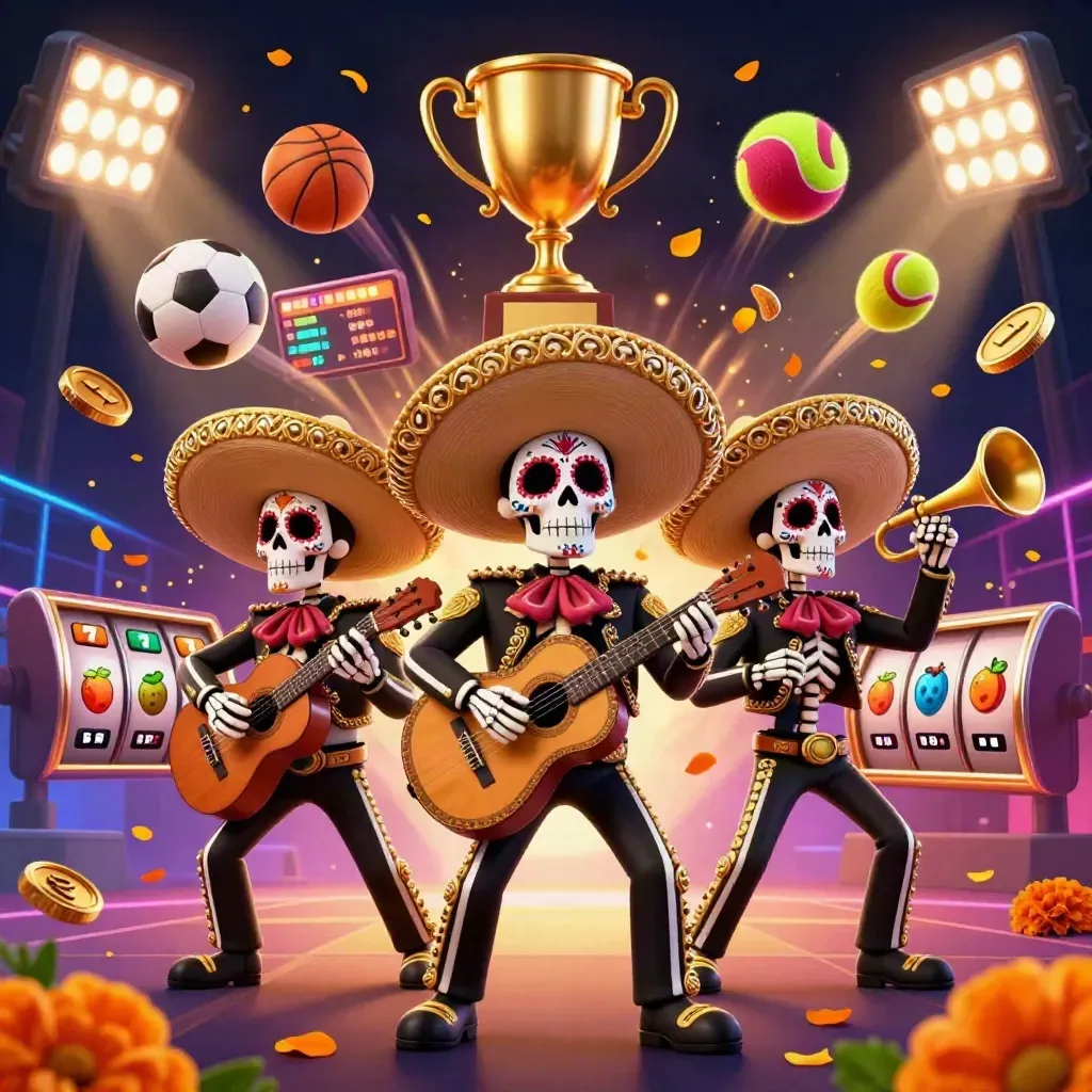 Three skeleton mariachi performers amid flying sports balls, coins, trophy, and neon casino effects.