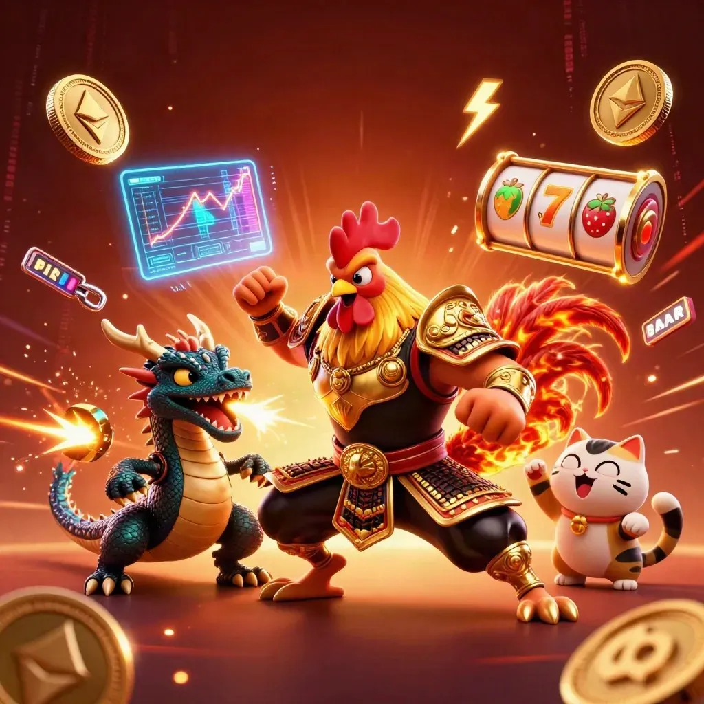 Rooster warrior, dragon hatchling, and fortune cat amid neon coins, reels, and sparks