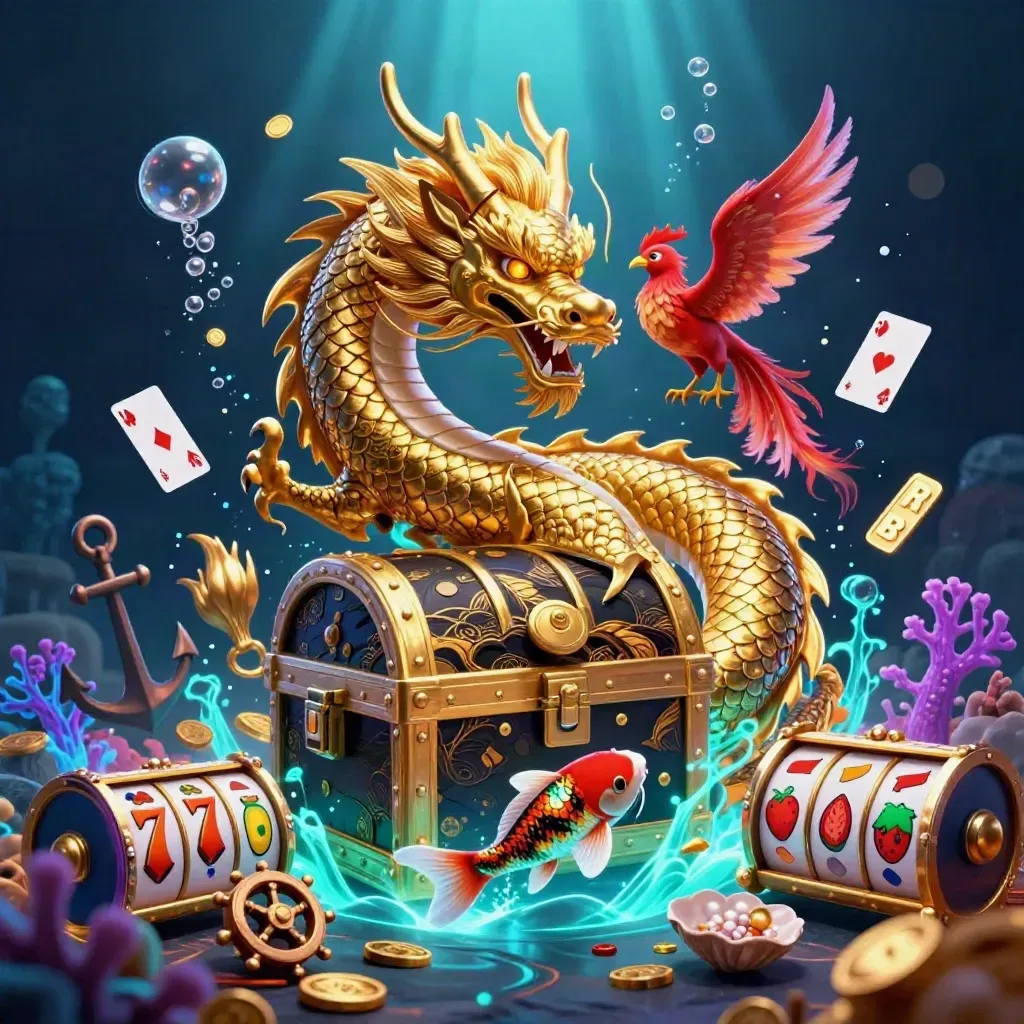 Golden dragon with phoenix, koi, and treasure chest in a neon underwater casino cove.