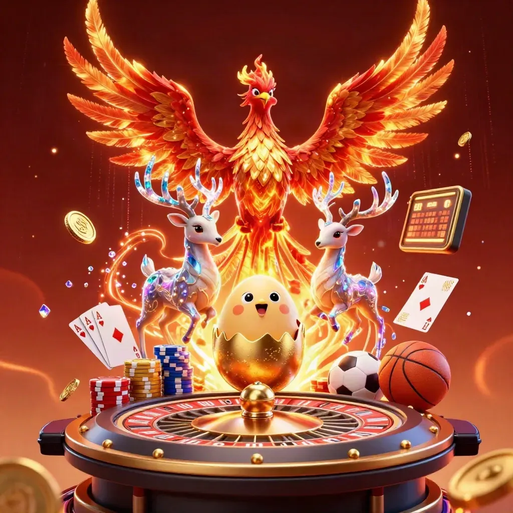 Phoenix, hatchling, and stag amid roulette coins, chips, cards, sports balls, and neon casino glow.