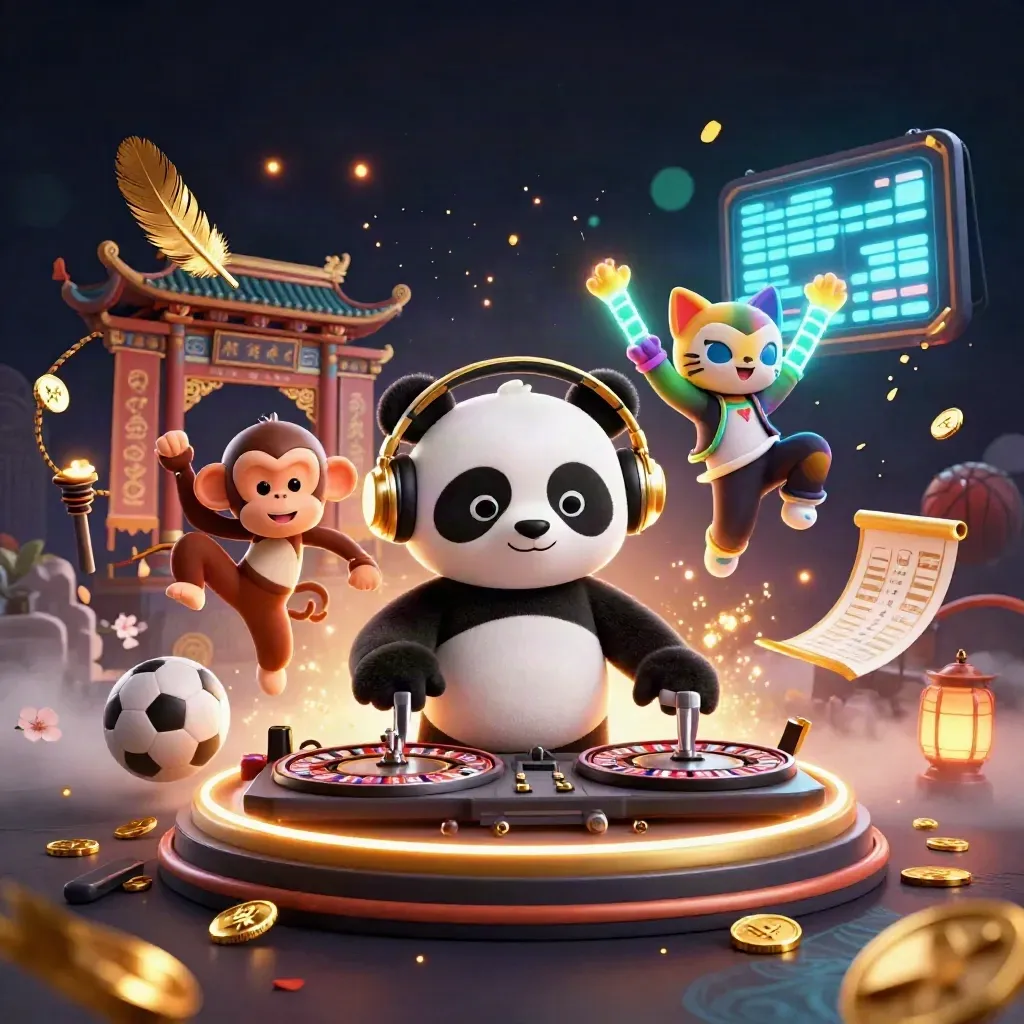 Panda DJ, dancing monkey and glow-stick kitten amid roulette gold and neon casino energy.