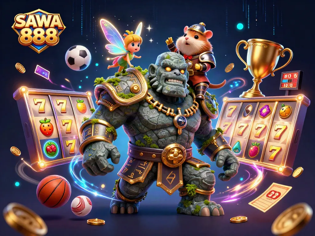 SAWA 888 engaging scene of a stone golem guardian and fairy casting magic in a vibrant casino
