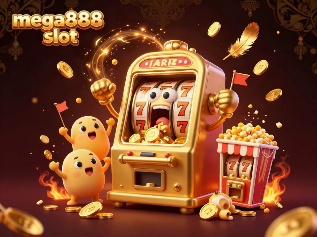 Experience thrilling winnings with the mega888 slot as cartoon machines celebrate the jackpot.