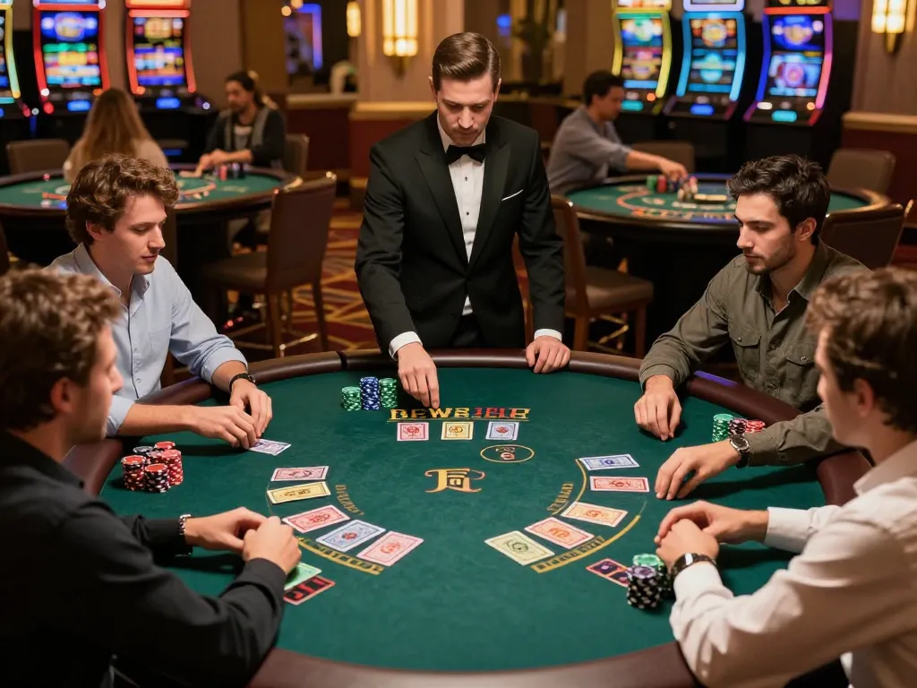 ZX88 players focusing on their strategies during an intense blackjack game in a vibrant casino atmosphere.