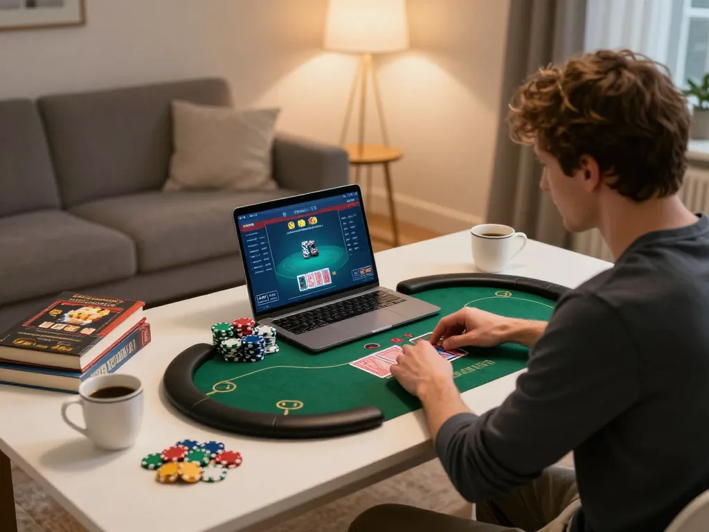 Player engaging in a live poker game at home, highlighting 388bet online gaming experience with strategic focus.