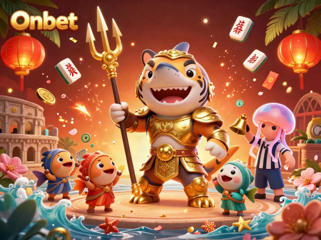 Bet and win big at Onbet with a dynamic underwater casino showdown featuring a tiger shark and festive elements.