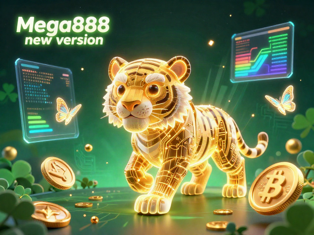Experience the thrill of Mega888 new version with vibrant casino-themed elements in a dynamic 3D scene.