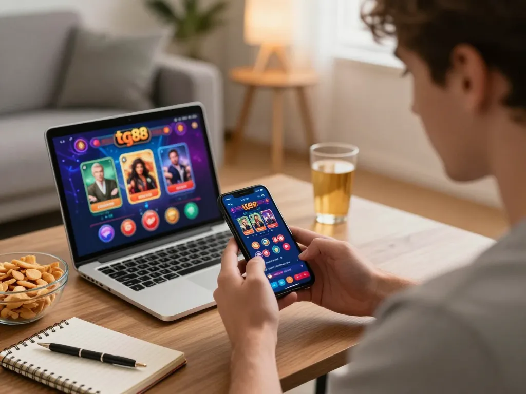 Player engaging with tg88 mobile casino app in a cozy setting, showcasing strategic gaming habits.