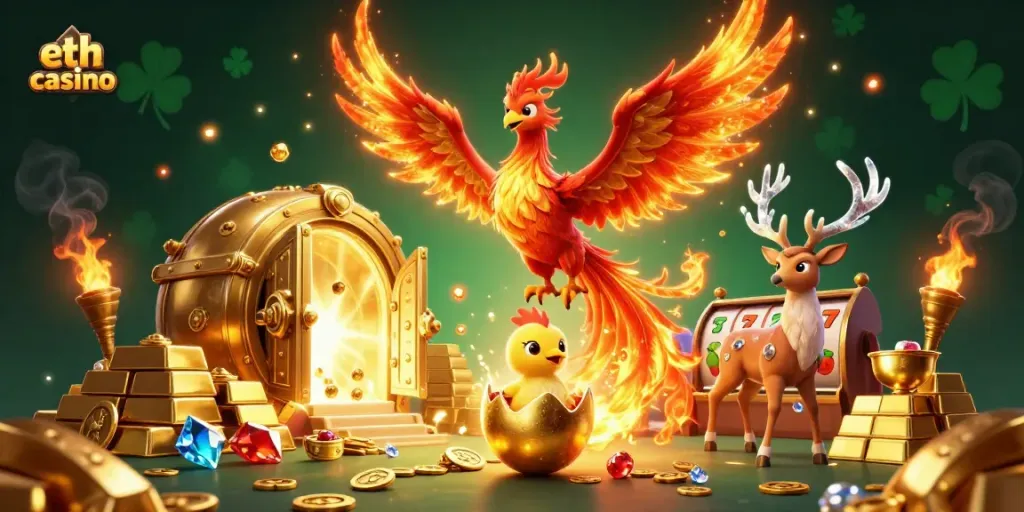 Experience the excitement of an eth casino with a dynamic scene featuring vibrant characters and gaming elements.