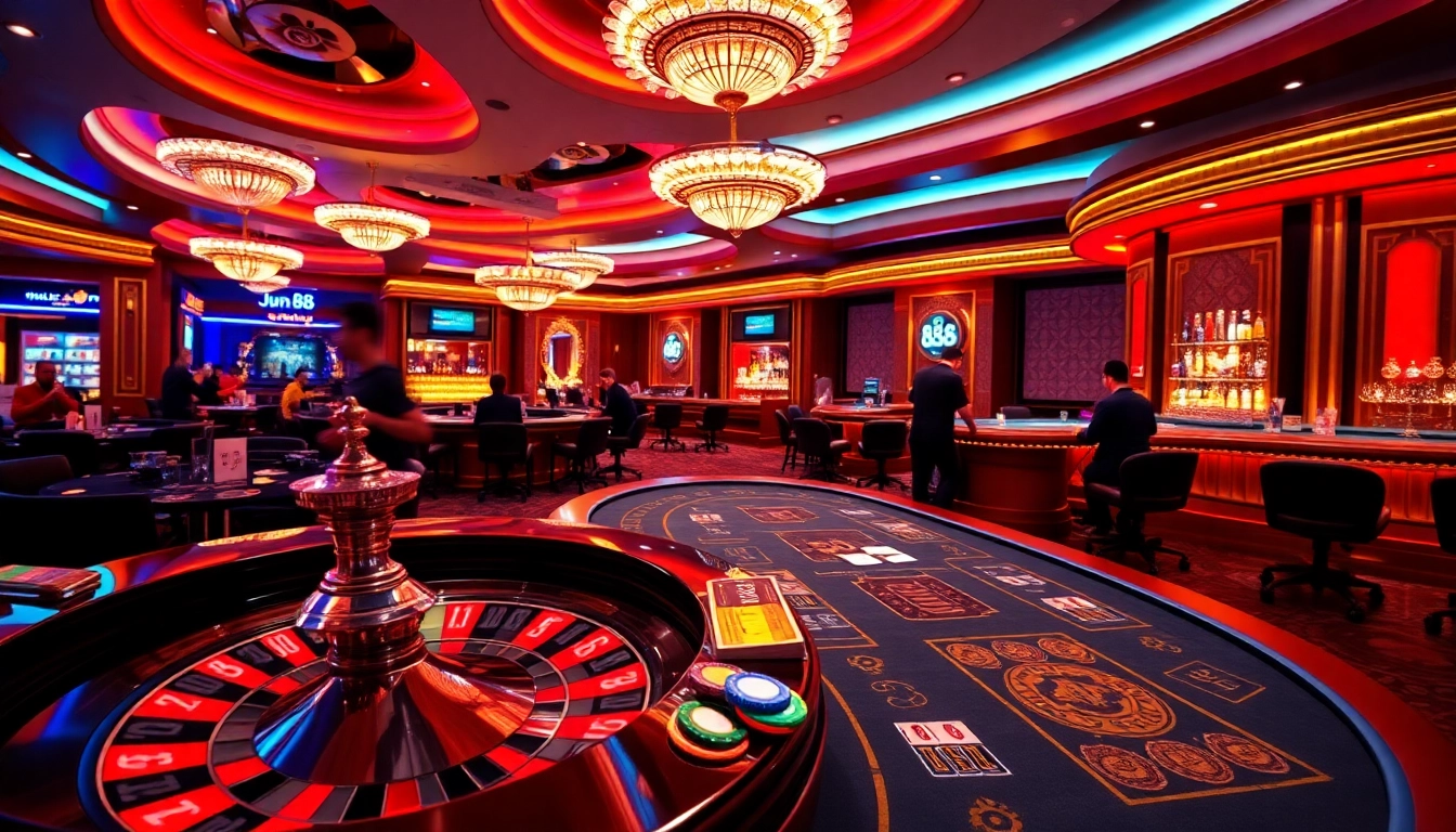 Players enjoying a thrilling game at Jun 88 casino with vibrant tables and exciting atmosphere.