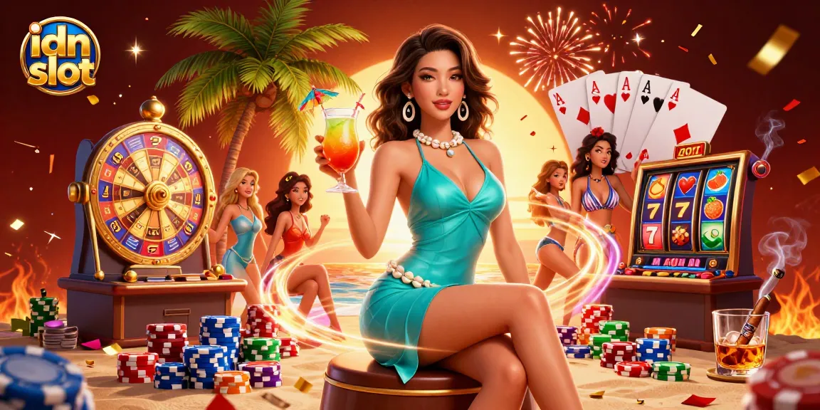 Experience excitement with idn slot featuring vibrant 3D illustration of tropical casino ambiance, colorful symbols, and lively characters.