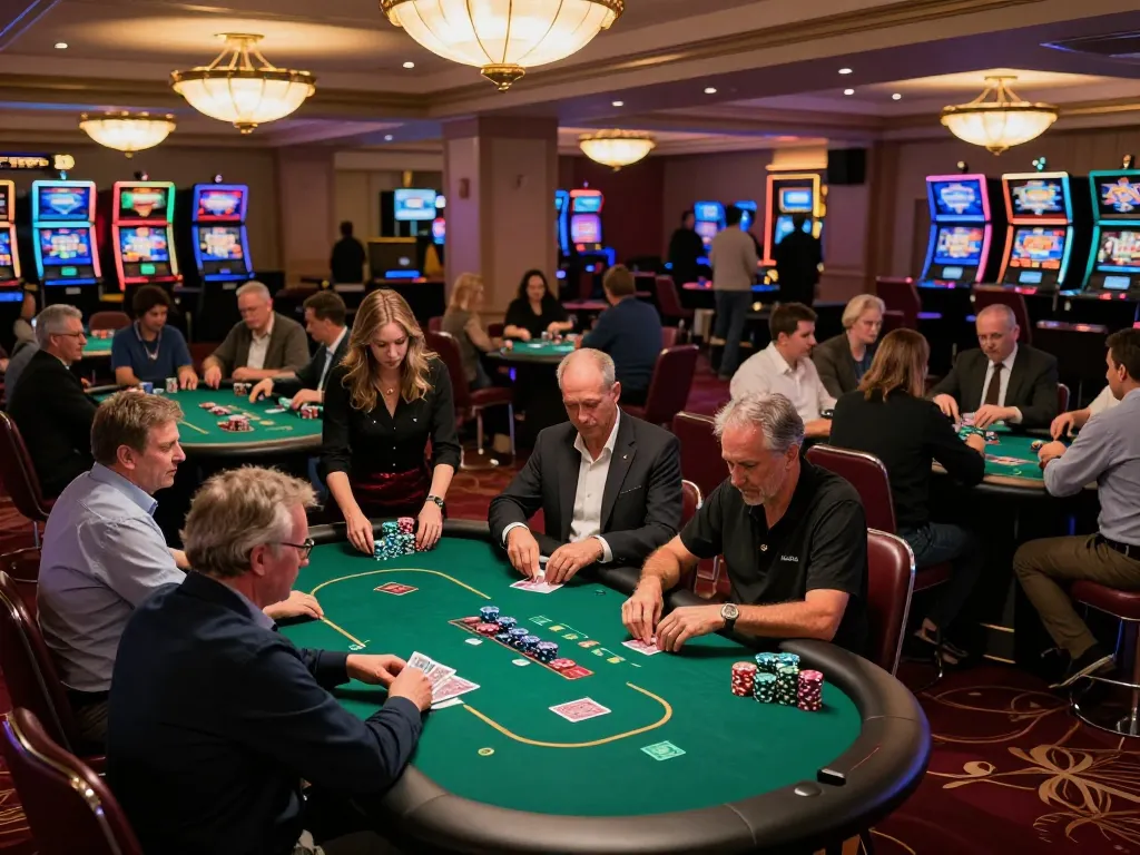 Engaged players in the poker room at hit club casino, vibrant scene with dealers and colorful chips.