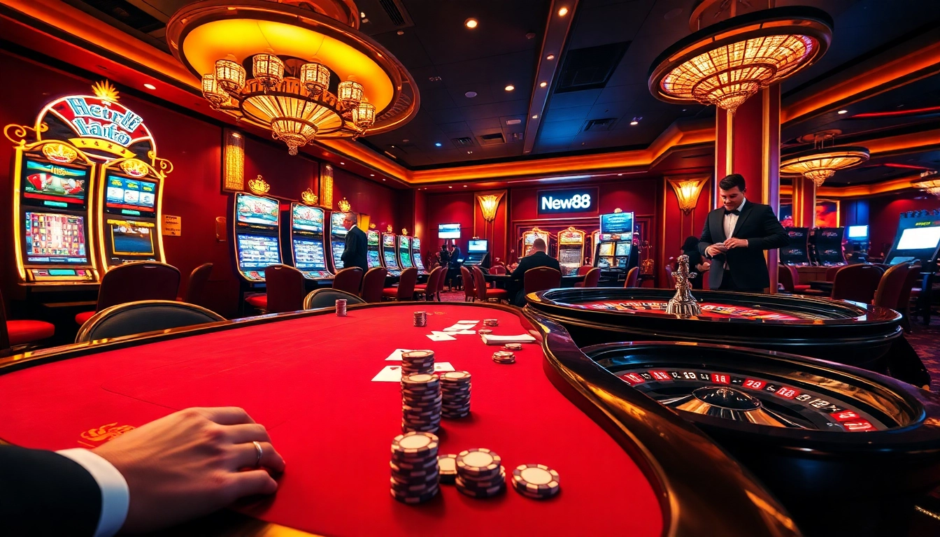 Exciting poker game scene at New88 casino, showcasing vibrant tables and thrilling atmosphere.
