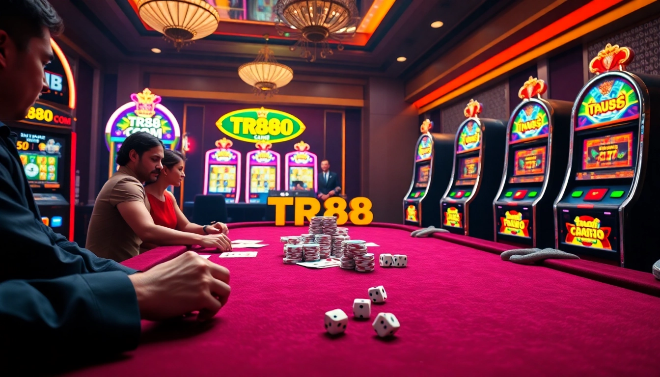 Dynamic casino scene at TR88.COM with players enjoying roulette, slots, and poker.