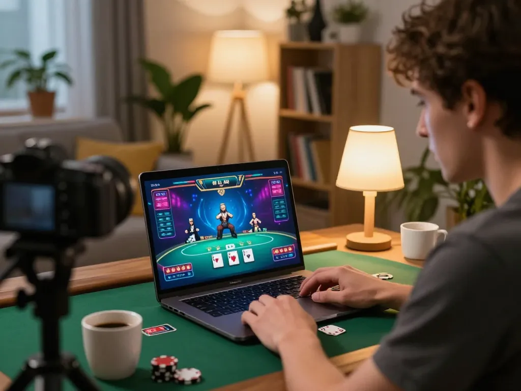 nk88 player strategizing in an immersive online poker game during a cozy home evening session