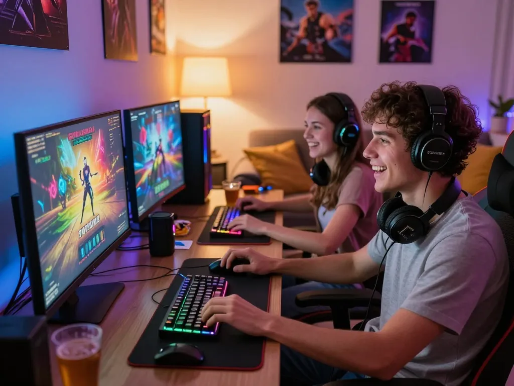 Couple enjoying a porngame together on their gaming setup, showcasing excitement and interactive gameplay.