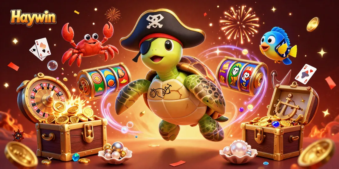 Play Haywin immersive slots as a cartoon pirate turtle navigates a treasure-filled ocean.